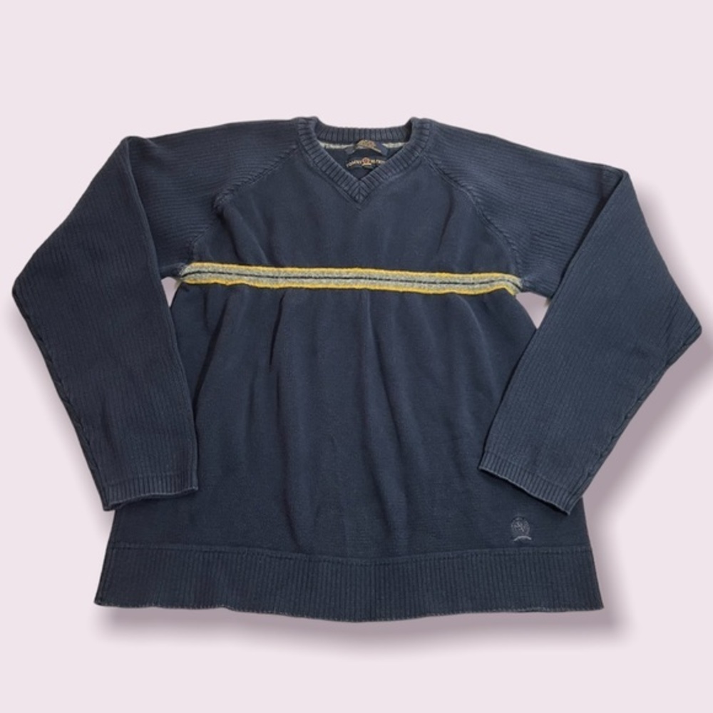 Vintage TOMMY HILFIGER Men’s V-Neck Sweater, Navy with Yellow Stripe, Size XL